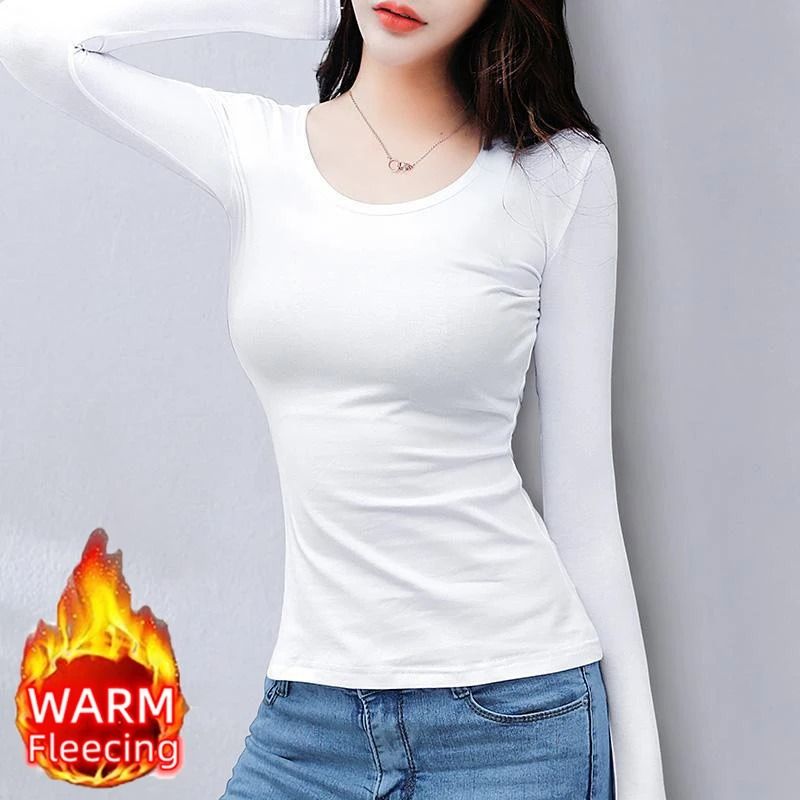 O Neck Long Sleeve Fleece Heating Fiber Thermal T Shirt Women Winter Bottoming Cropped Top Casual S 9