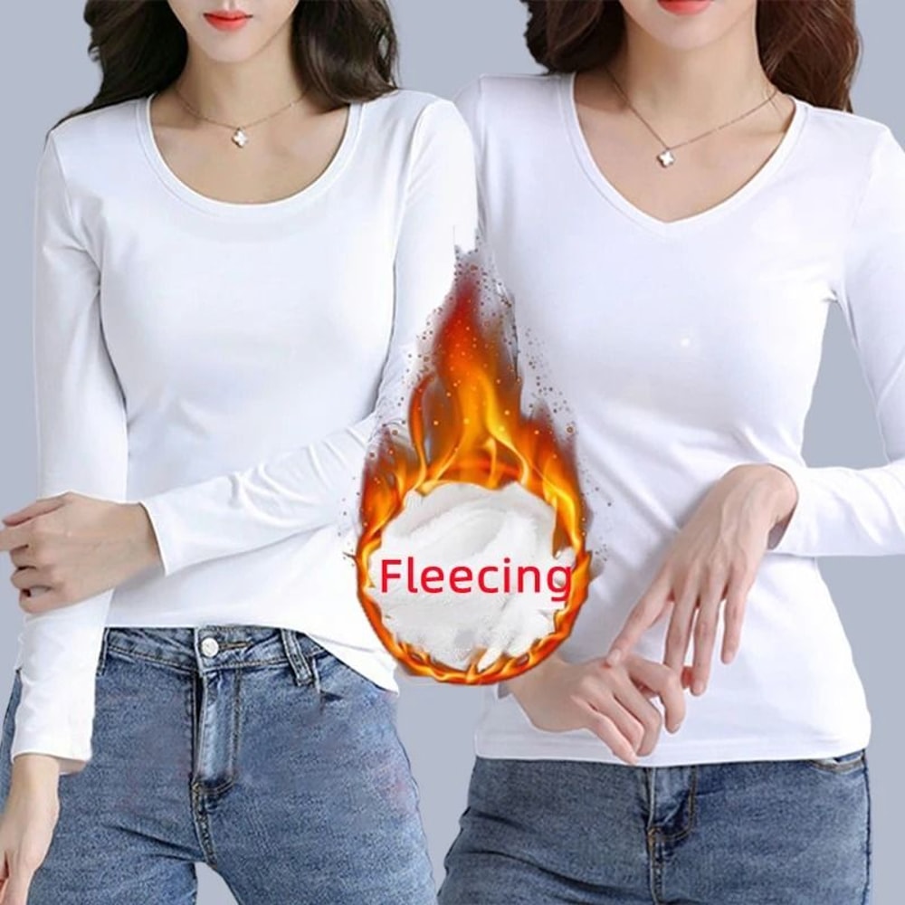 O Neck Long Sleeve Fleece Heating Fiber Thermal T Shirt Women Winter Bottoming Cropped Top Casual S 10