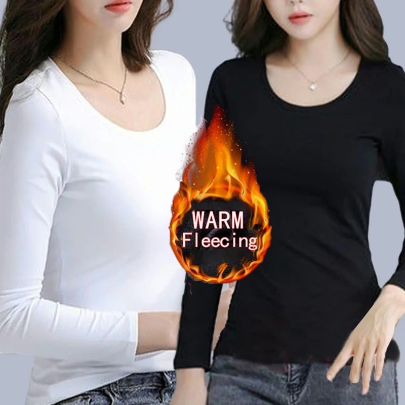 O Neck Long Sleeve Fleece Heating Fiber Thermal T Shirt Women Winter Bottoming Cropped Top Casual S 11