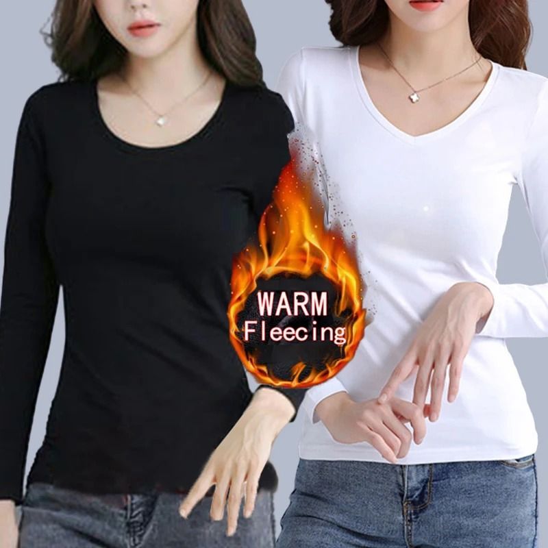 O Neck Long Sleeve Fleece Heating Fiber Thermal T Shirt Women Winter Bottoming Cropped Top Casual S 14