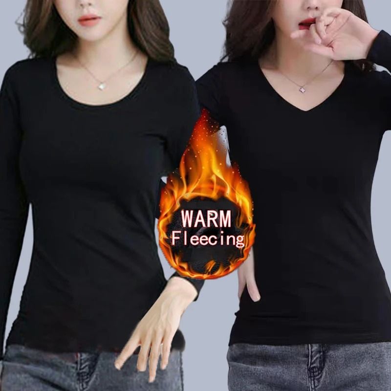O Neck Long Sleeve Fleece Heating Fiber Thermal T Shirt Women Winter Bottoming Cropped Top Casual S 15