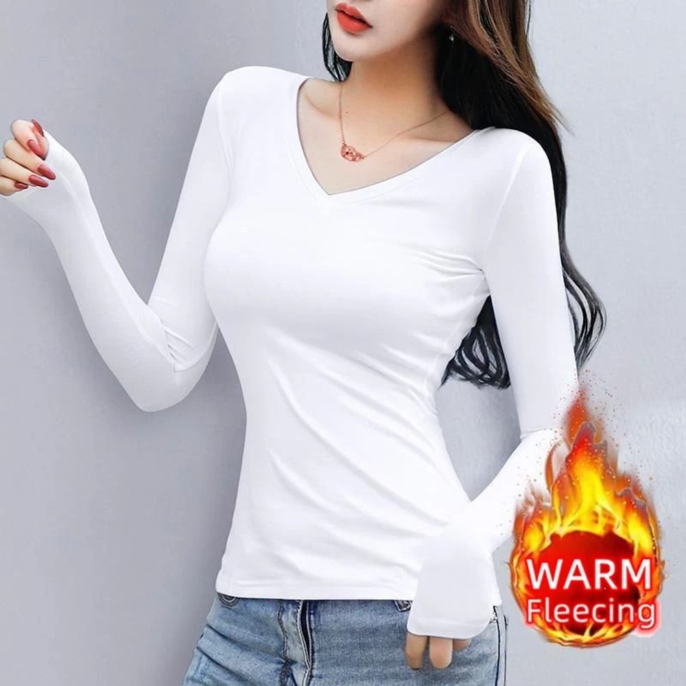 O Neck Long Sleeve Fleece Heating Fiber Thermal T Shirt Women Winter Bottoming Cropped Top Casual S 1