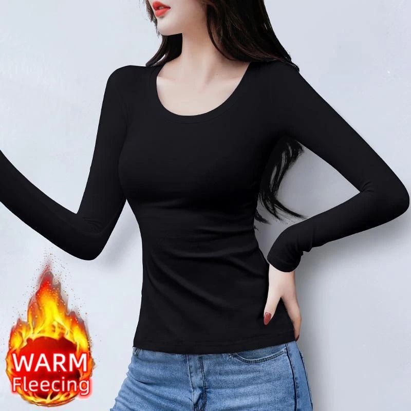 O Neck Long Sleeve Fleece Heating Fiber Thermal T Shirt Women Winter Bottoming Cropped Top Casual S 8