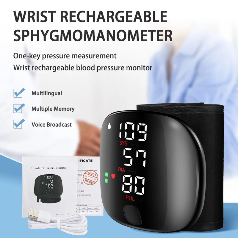 Digital Wrist Blood Pressure Meter Automatic Voice Tonometer Smart Heart Rate Monitor 2
