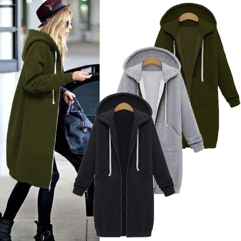 Womens Thick Hooded Maxi Jacket Parka Loose Zipper Pocket Sweatshirt Dress 0