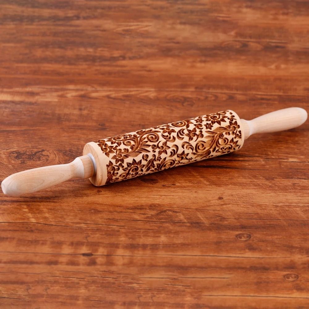 Flower Leaf Strawberry Deep Engraved Wooden Rolling Pin For Decorative Cookie Baking 7