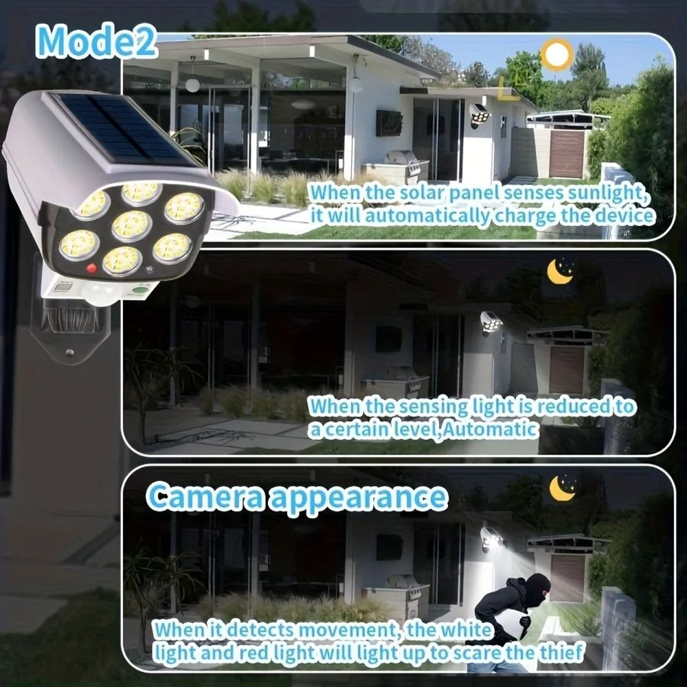 LED Outdoor Motion Sensor Solar Flood Light With Dummy Security Camera Design 1