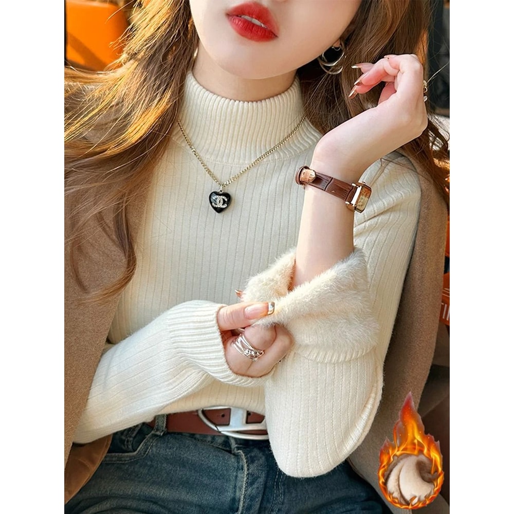 Women Turtleneck Sweater Velvet Lined Thermal Knit Pullover 1