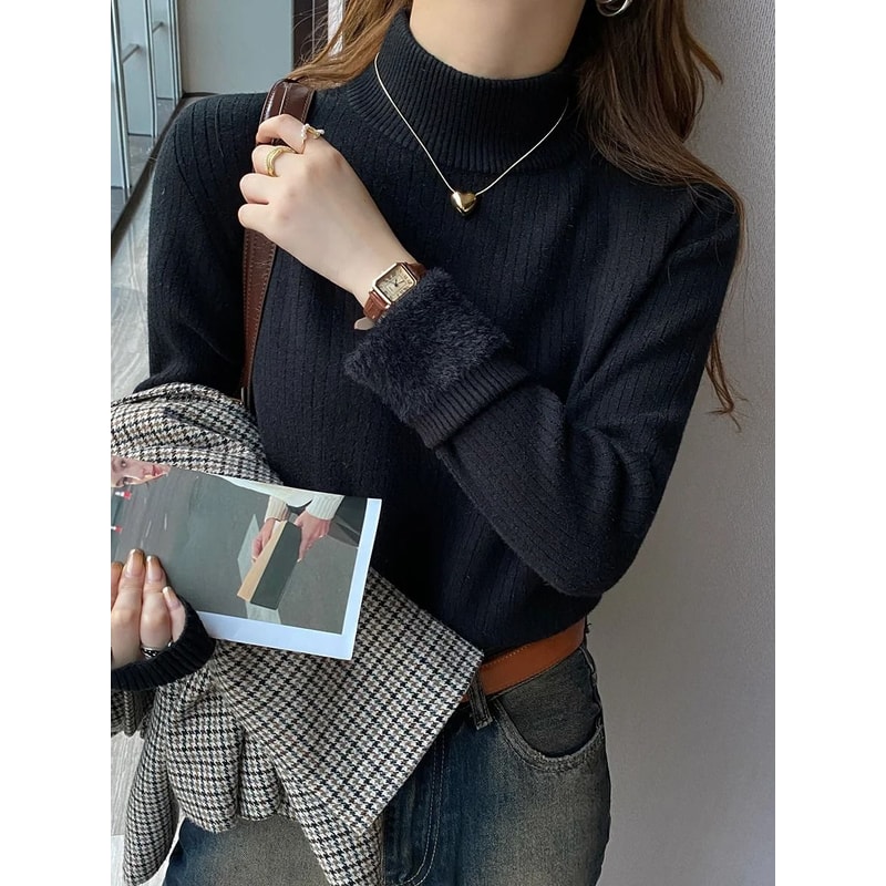 Women Turtleneck Sweater Velvet Lined Thermal Knit Pullover 4