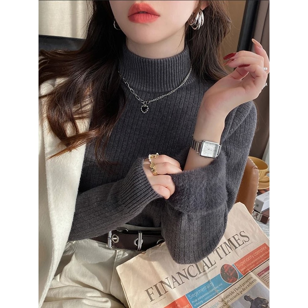 Women Turtleneck Sweater Velvet Lined Thermal Knit Pullover 10