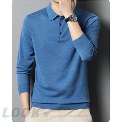 mens wool blend long sleeve polo pullover sweater with lapel