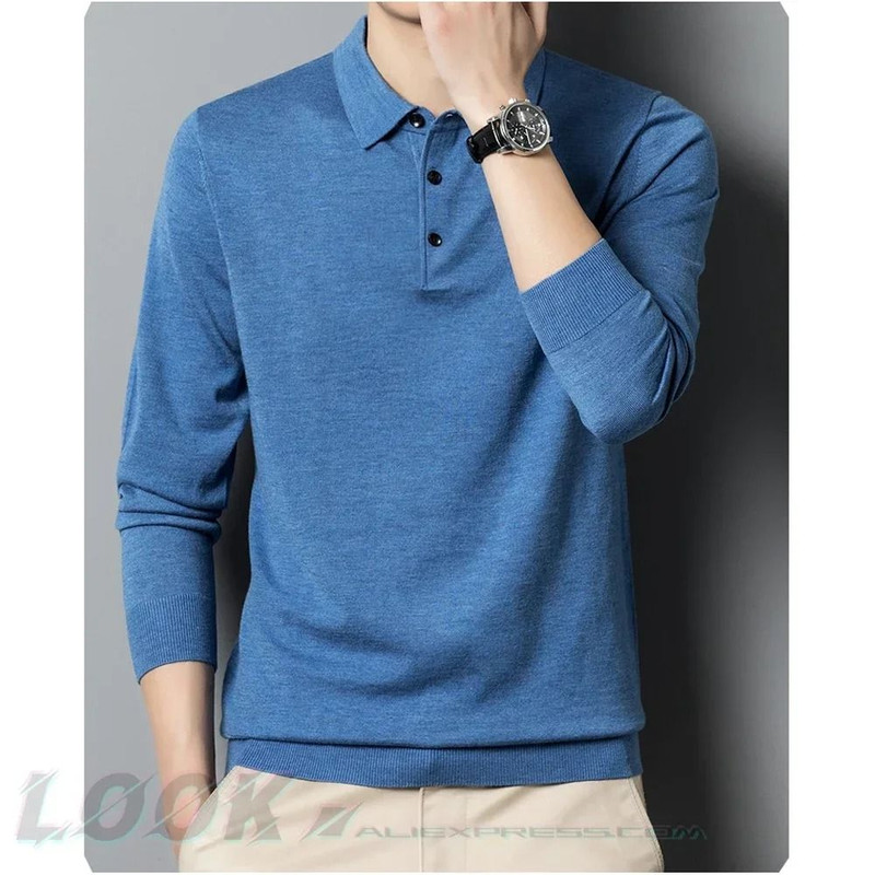 Mens Wool Blend Long Sleeve Polo Pullover Sweater With Lapel 0