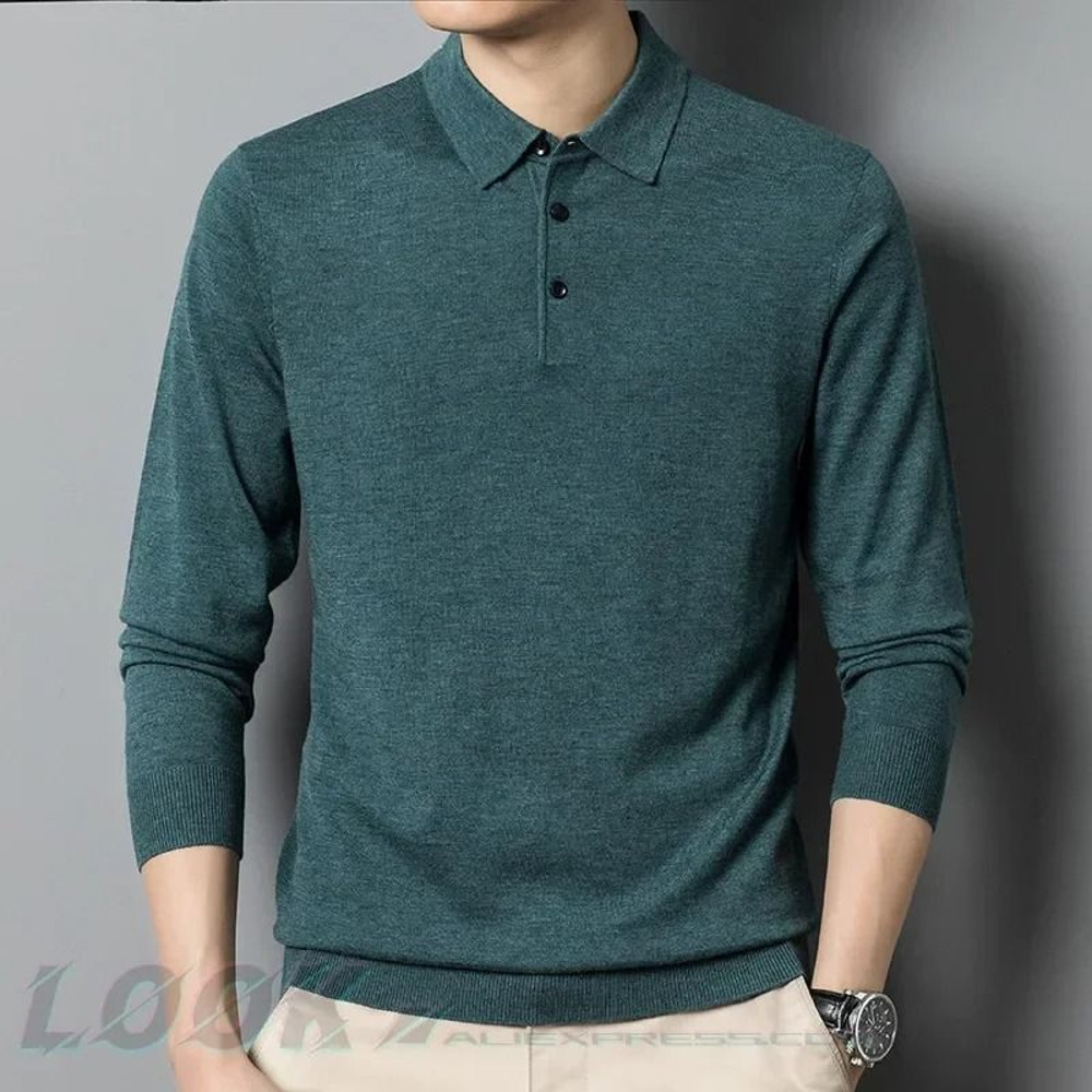 Mens Wool Blend Long Sleeve Polo Pullover Sweater With Lapel 1