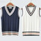 Mens Thick Knitted V Neck Sweater Vest Retro Striped Casual Pullover 0