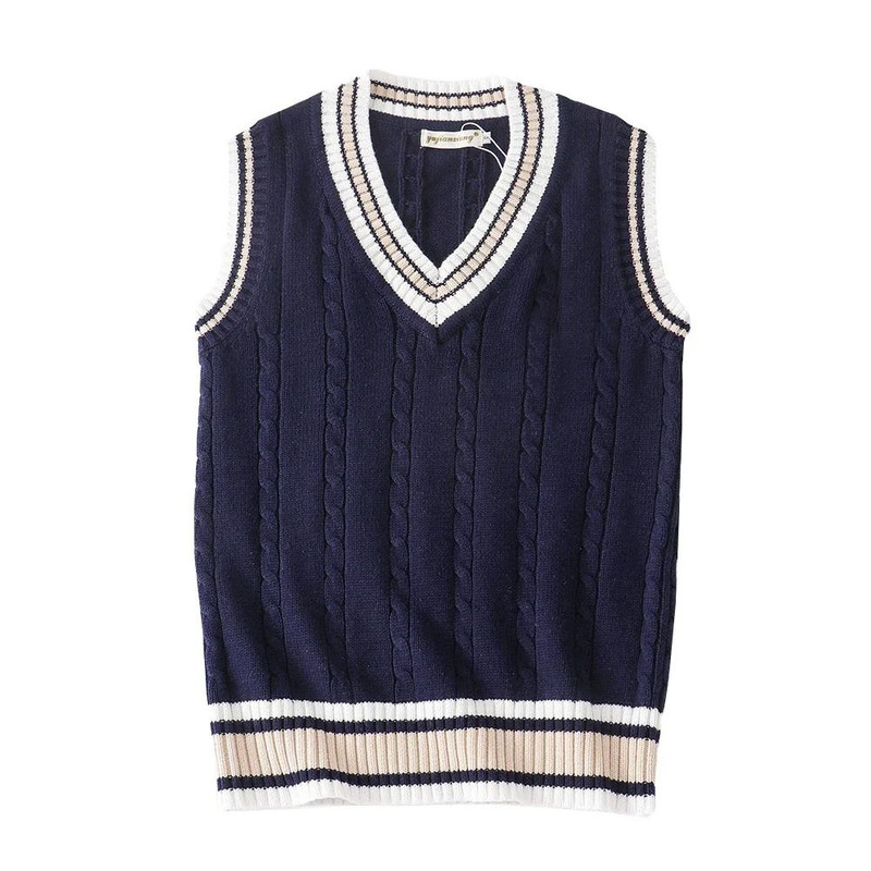 Mens Thick Knitted V Neck Sweater Vest Retro Striped Casual Pullover 5