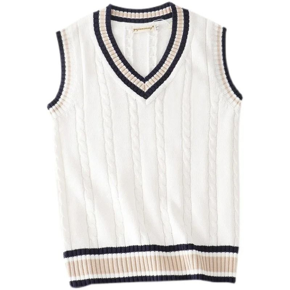 Mens Thick Knitted V Neck Sweater Vest Retro Striped Casual Pullover 6