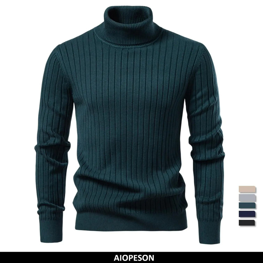 Mens Turtleneck Knit Sweater Solid Color Striped Winter Pullover 0