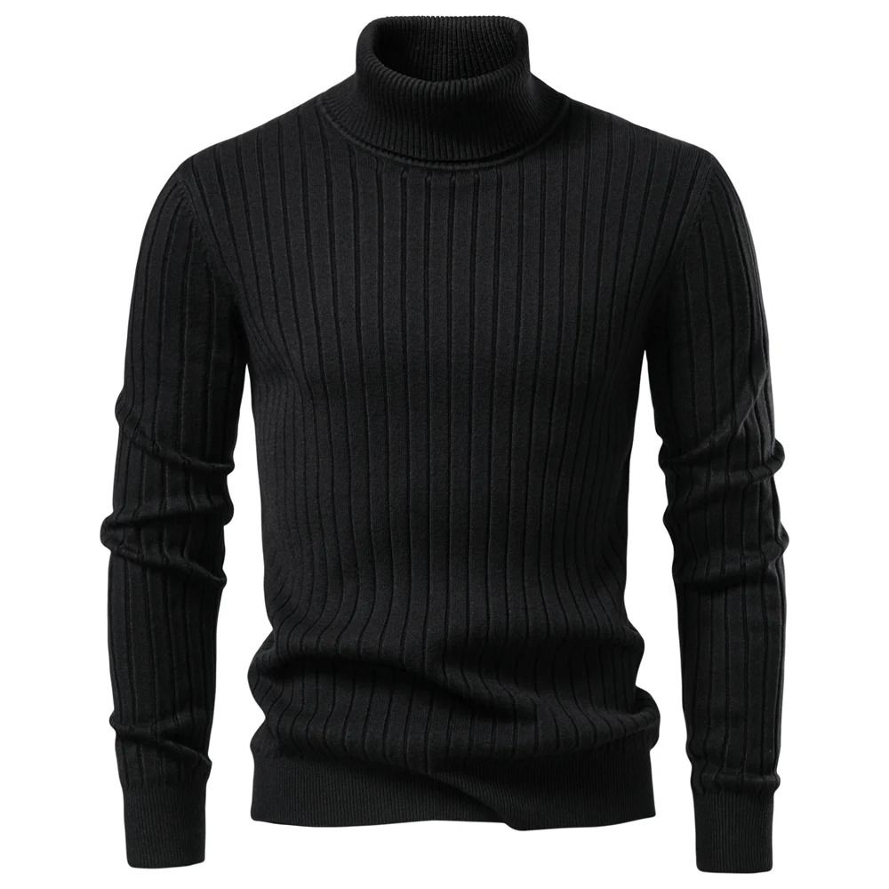 Mens Turtleneck Knit Sweater Solid Color Striped Winter Pullover 6