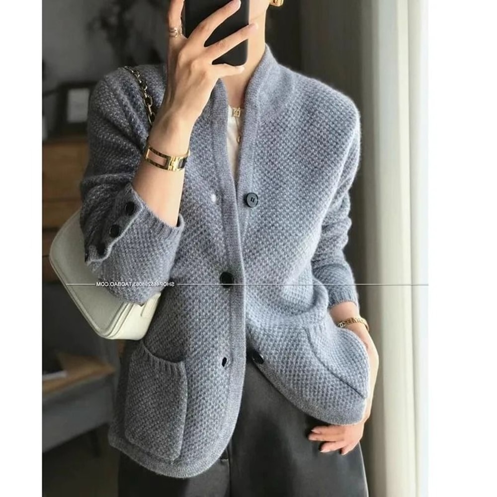 Womens 100 Percent Cashmere Wool Cardigan Stand Neck Loose Knit Sweater Jacket 1