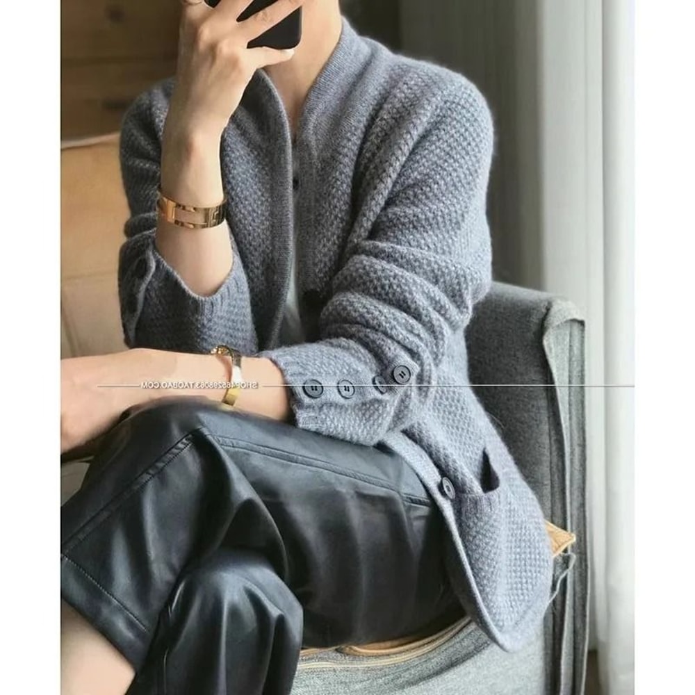 Womens 100 Percent Cashmere Wool Cardigan Stand Neck Loose Knit Sweater Jacket 3