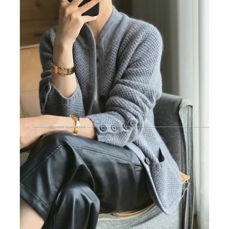 Womens 100 Percent Cashmere Wool Cardigan Stand Neck Loose Knit Sweater Jacket 3