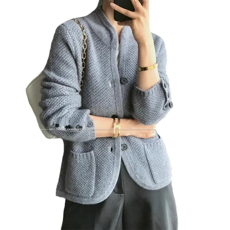 Womens 100 Percent Cashmere Wool Cardigan Stand Neck Loose Knit Sweater Jacket 4