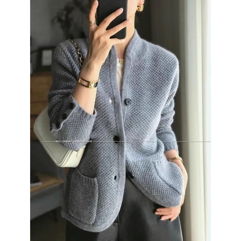 Womens 100 Percent Cashmere Wool Cardigan Stand Neck Loose Knit Sweater Jacket 5