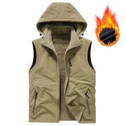mens hooded fleece warm vest windproof utility photographer vest