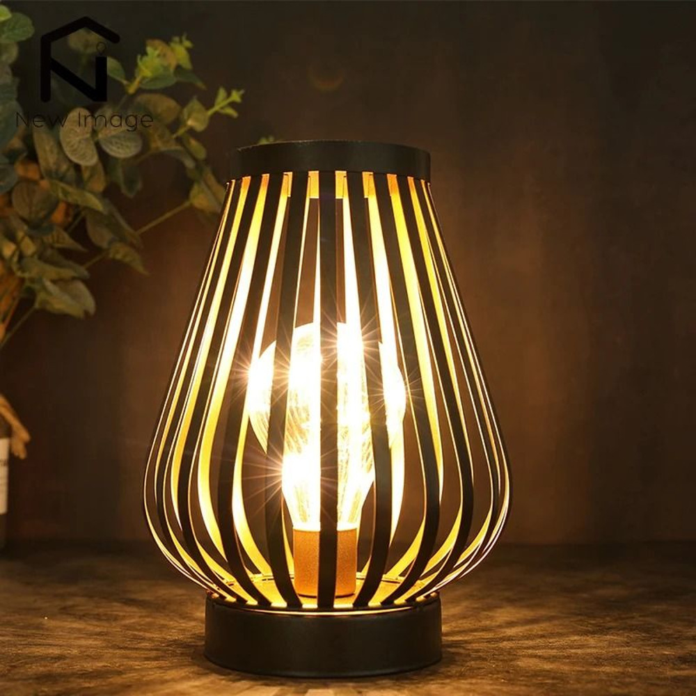 Metal Cage LED Lantern Battery Powered Cordless Table Lamp For Bedroom Wedding Home Decor 0