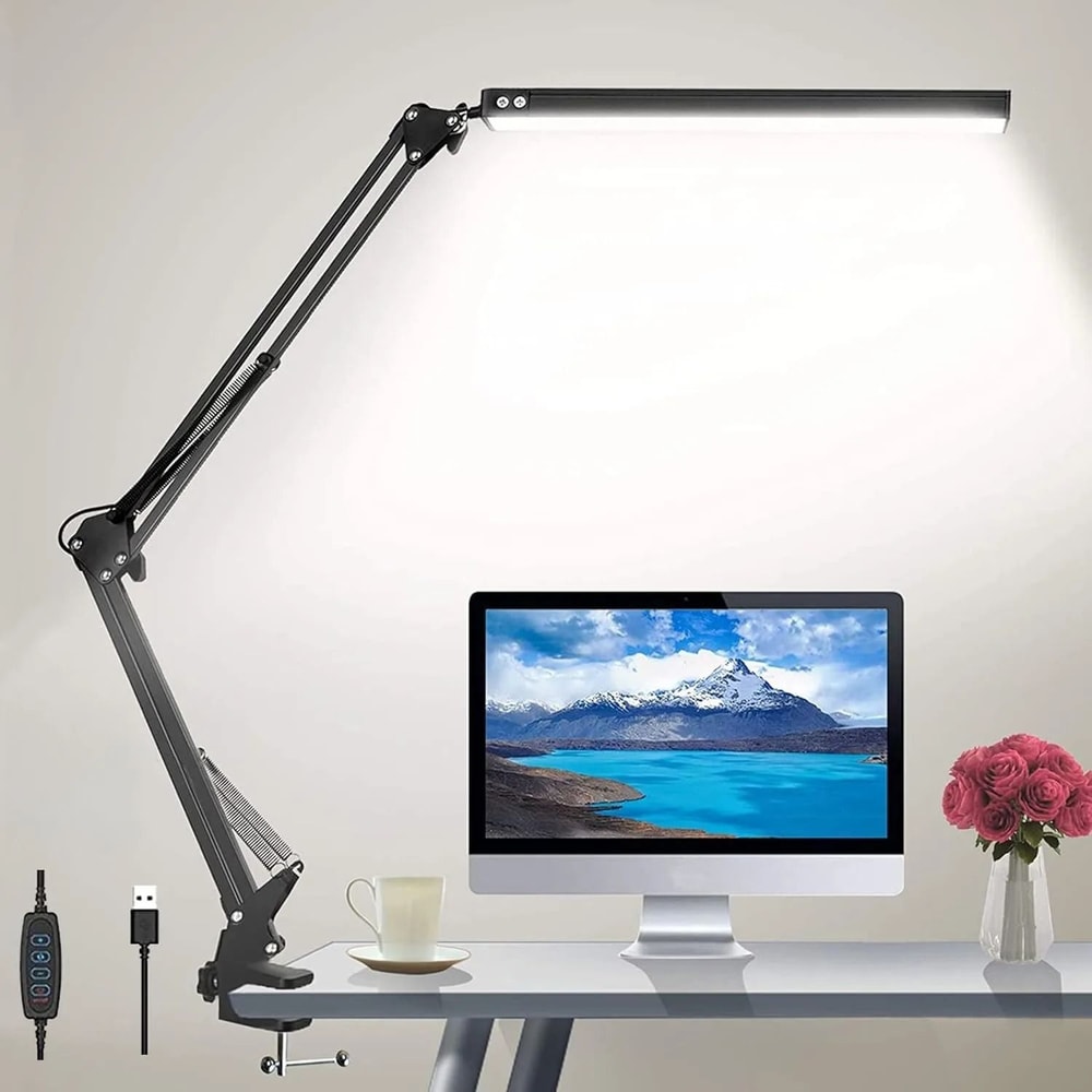 LED Folding Metal Desk Lamp Clip On Light Clamp Long Arm Dimming Table Lamp 0