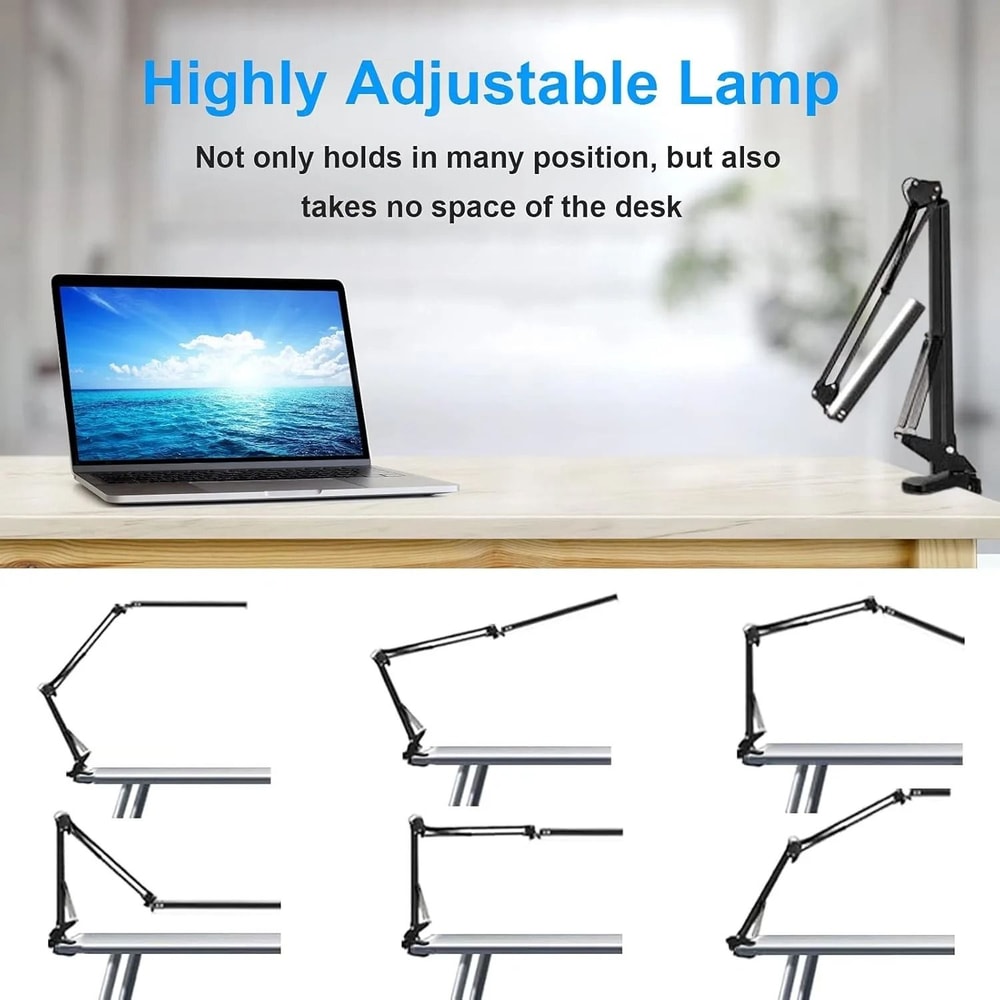 LED Folding Metal Desk Lamp Clip On Light Clamp Long Arm Dimming Table Lamp 2
