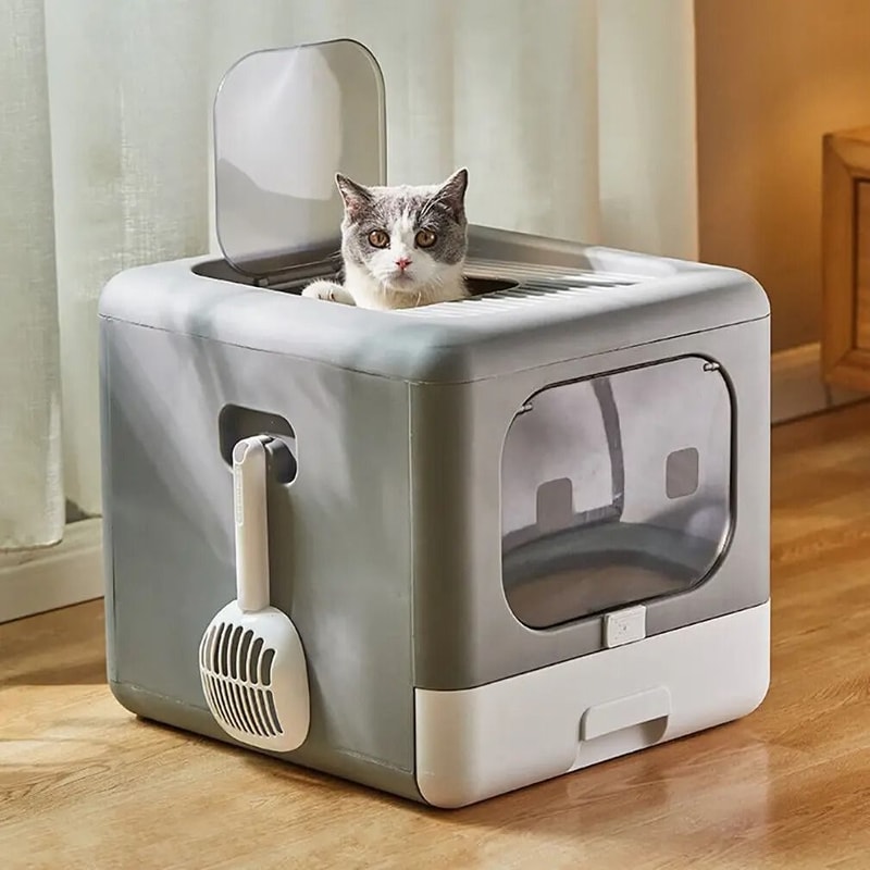 Cat Litter Box With Scoop And Tray Sifting Enclosed Foldable Kitten Toilet 0
