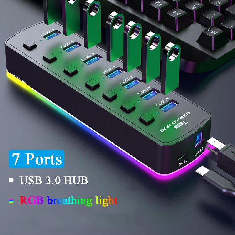 RGB USB 30 Hub 7 Ports Data Port Adapter 5Gbps Individual On Off Switch 0