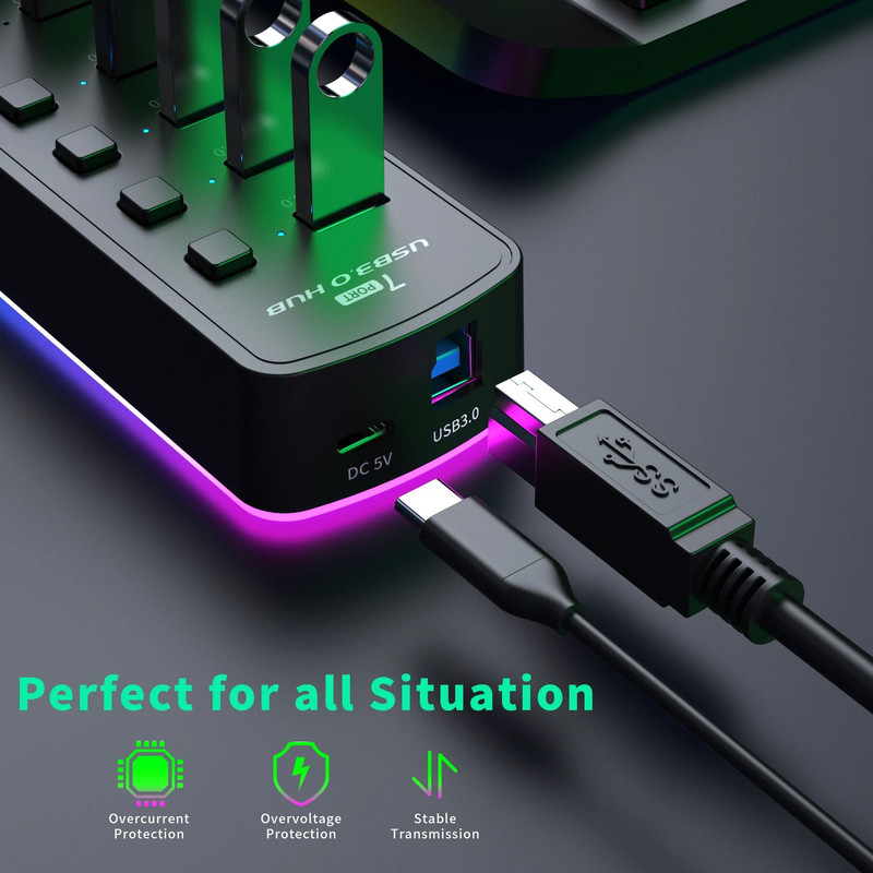 RGB USB 30 Hub 7 Ports Data Port Adapter 5Gbps Individual On Off Switch 1