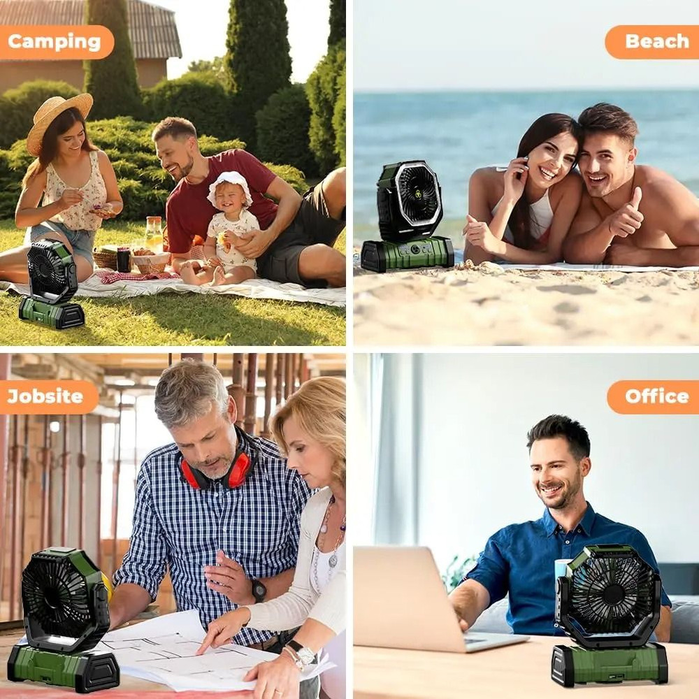 Camping Fan 20000mAh Rechargeable Fan With LED Light And Hanging Hook 4 Speeds 4