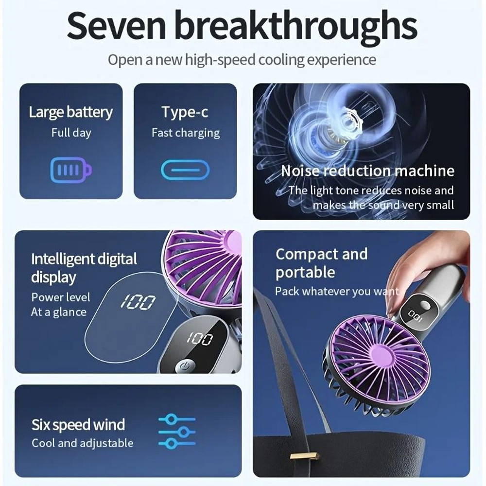 Mini Portable USB Fan 6 Speeds Digital Display Foldable 3 In 1 Handheld Neck Desktop Fan 4