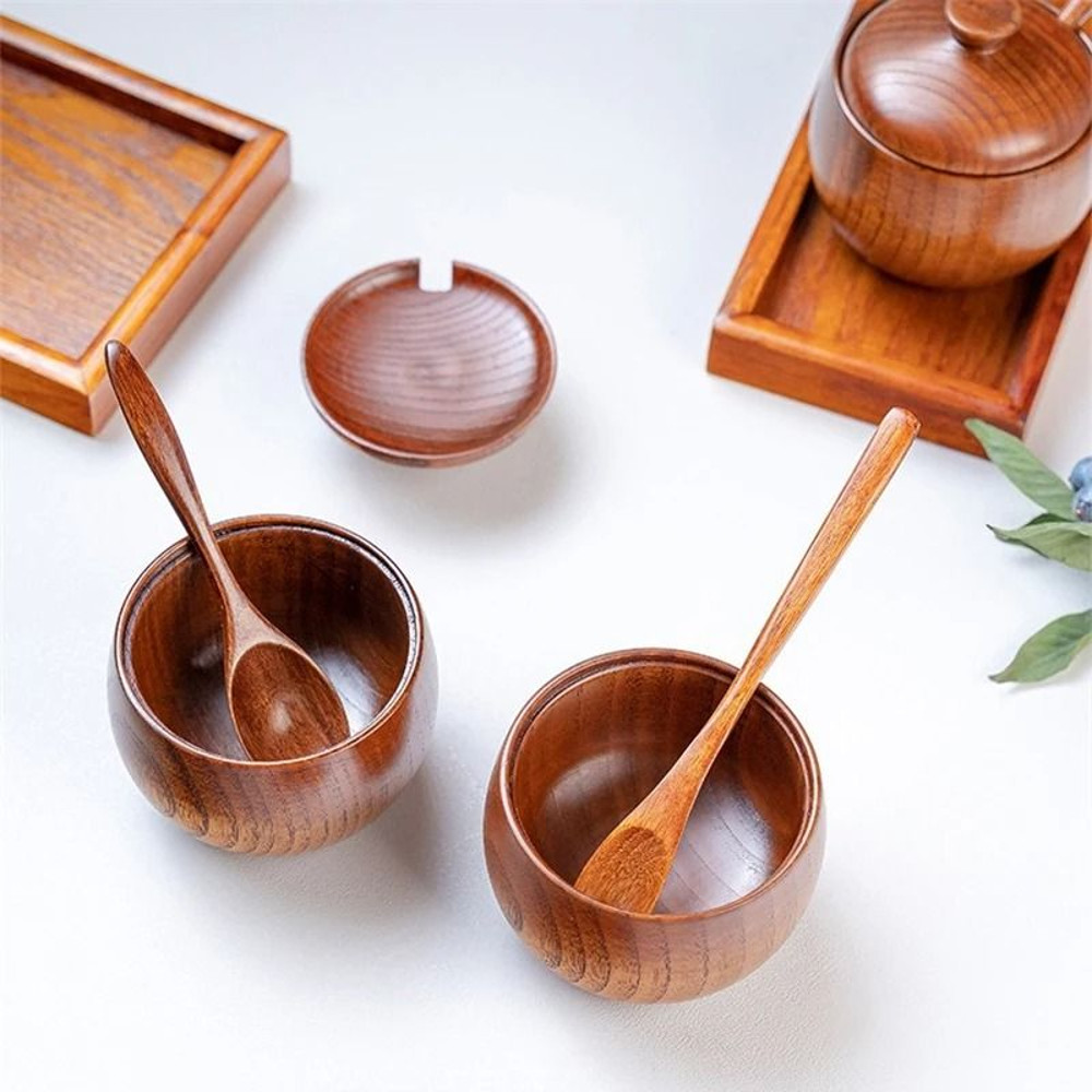 Wooden Seasoning Jar Vintage Kitchen Salt Sugar Spice Container With Lid Spoon And Tray 4