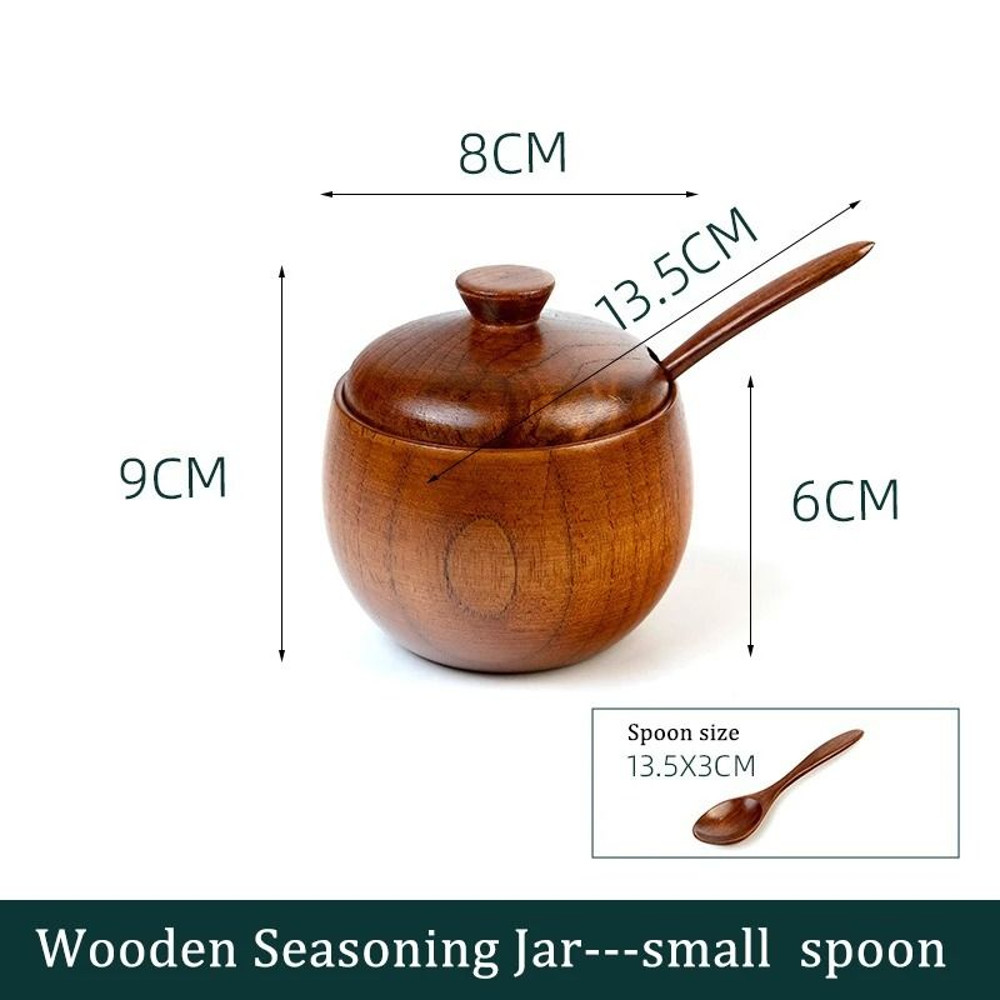 Wooden Seasoning Jar Vintage Kitchen Salt Sugar Spice Container With Lid Spoon And Tray 6