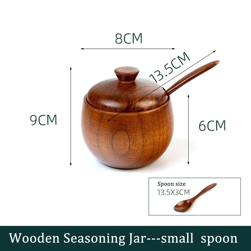 Wooden Seasoning Jar Vintage Kitchen Salt Sugar Spice Container With Lid Spoon And Tray 6