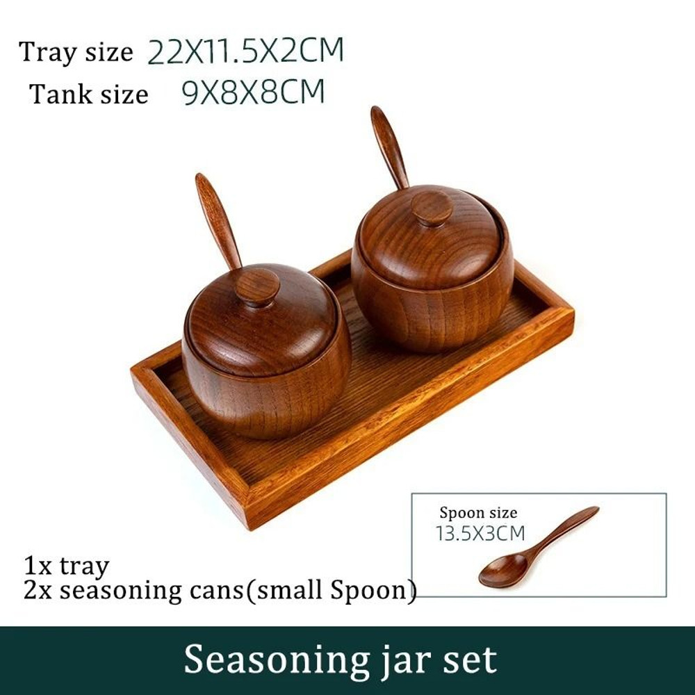 Wooden Seasoning Jar Vintage Kitchen Salt Sugar Spice Container With Lid Spoon And Tray 10