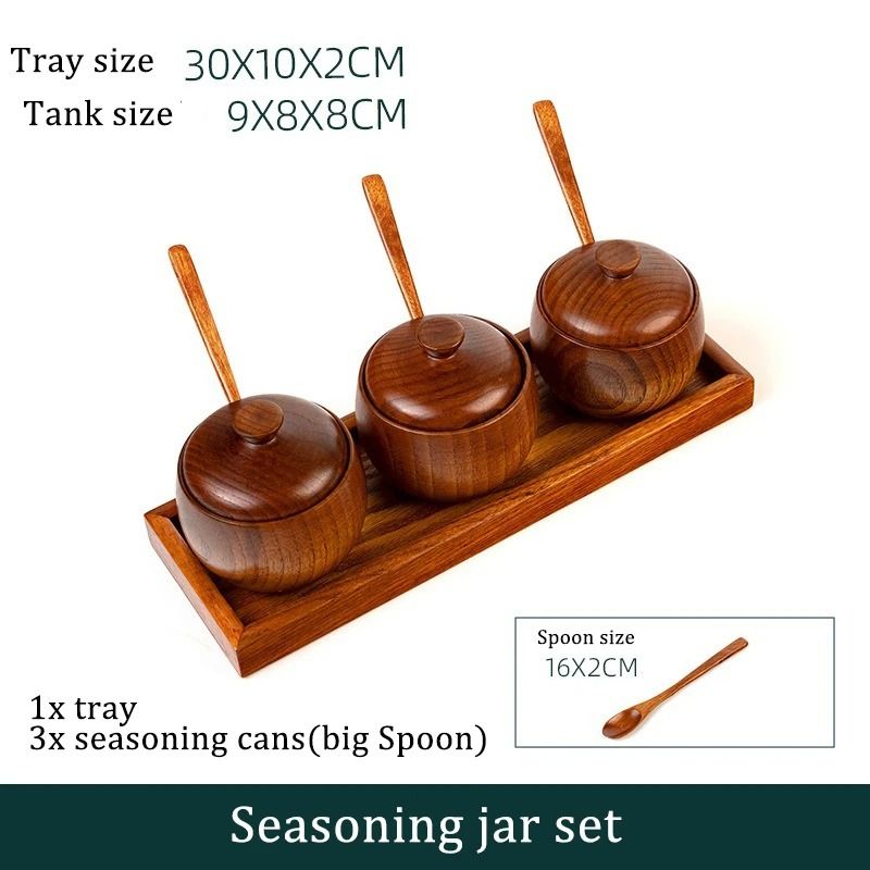 Wooden Seasoning Jar Vintage Kitchen Salt Sugar Spice Container With Lid Spoon And Tray 13