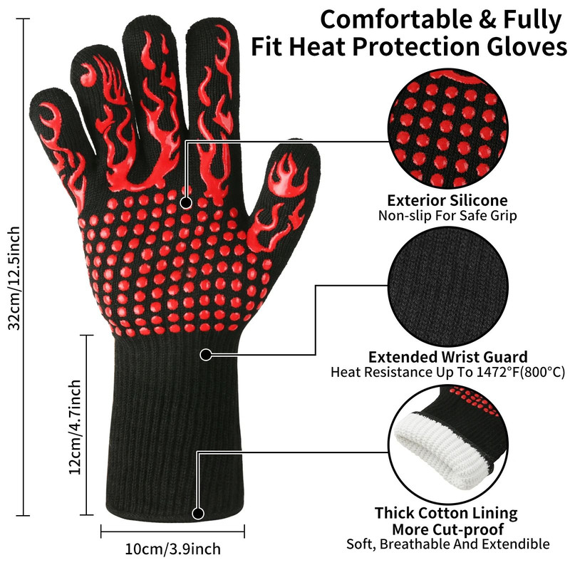 BBQ Gloves High Temperature Resistance Oven Mitts Fireproof Non Slip Grilling Gloves 2