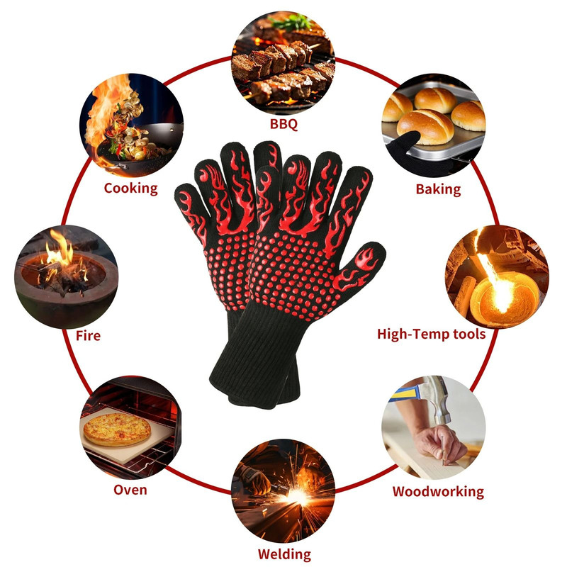 BBQ Gloves High Temperature Resistance Oven Mitts Fireproof Non Slip Grilling Gloves 5