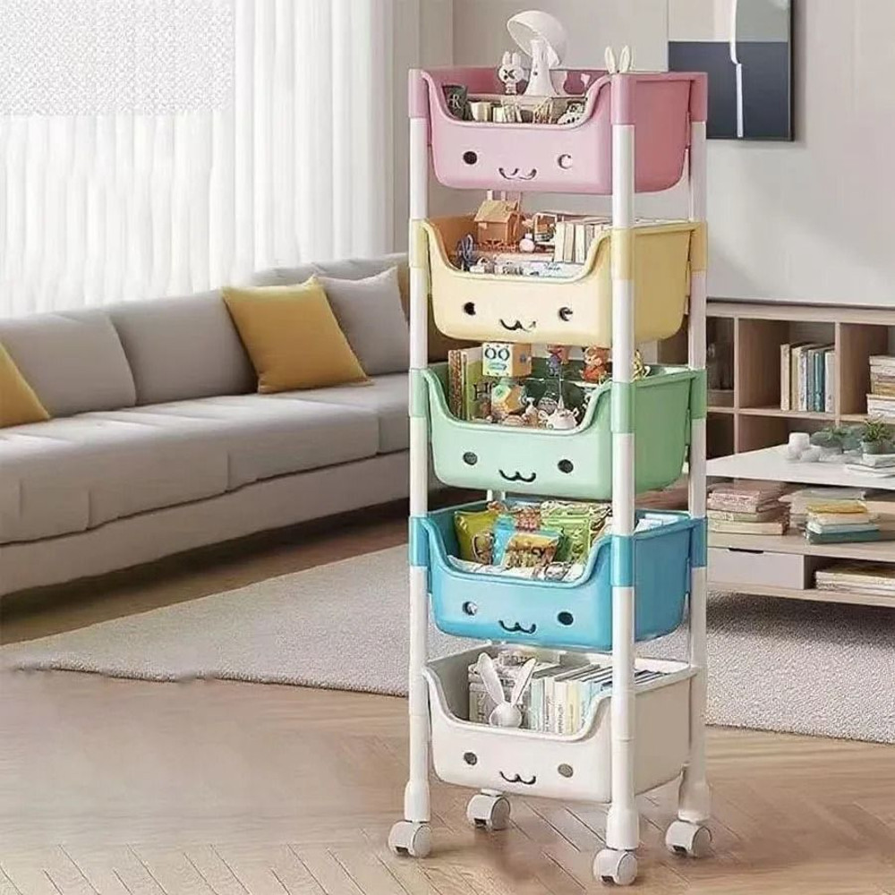 5 Tier Cartoon Rolling Storage Rack Cute Bins For Books Toys Room Tidy 1