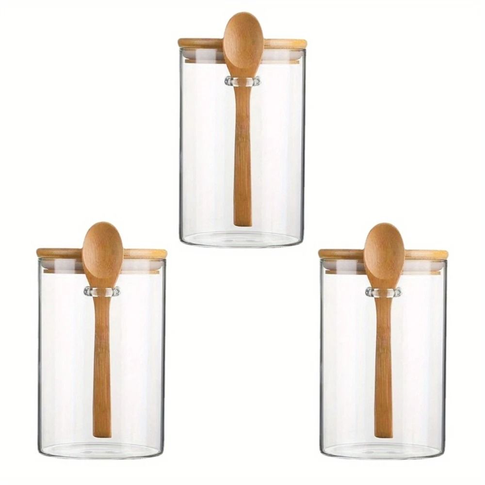 Airtight Glass Jars With Bamboo Lids And Spoons 18oz Transparent Food Storage Jars For Spices Beans 8