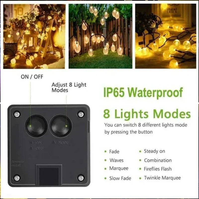 Solar String Lights Outdoor Crystal Fairy Light 8 Modes Waterproof Patio Garden Party Garland 5