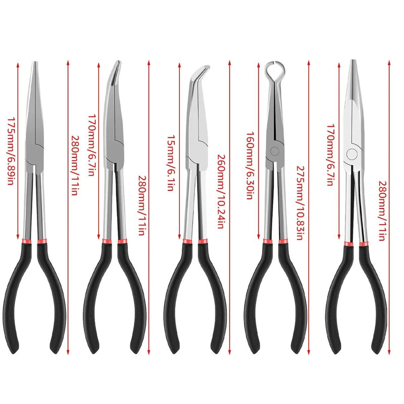 Needle Nose Pliers Set Long Reach 25 45 90 Degree Curved And Straight Pliers 3 Or 5 Piece 5