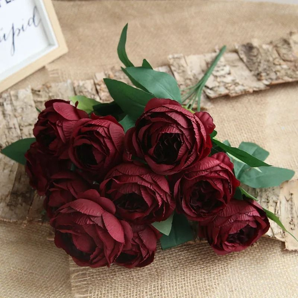 Artificial Silk Rose Bouquet 10 Heads Burgundy Fake Flower Decor 7