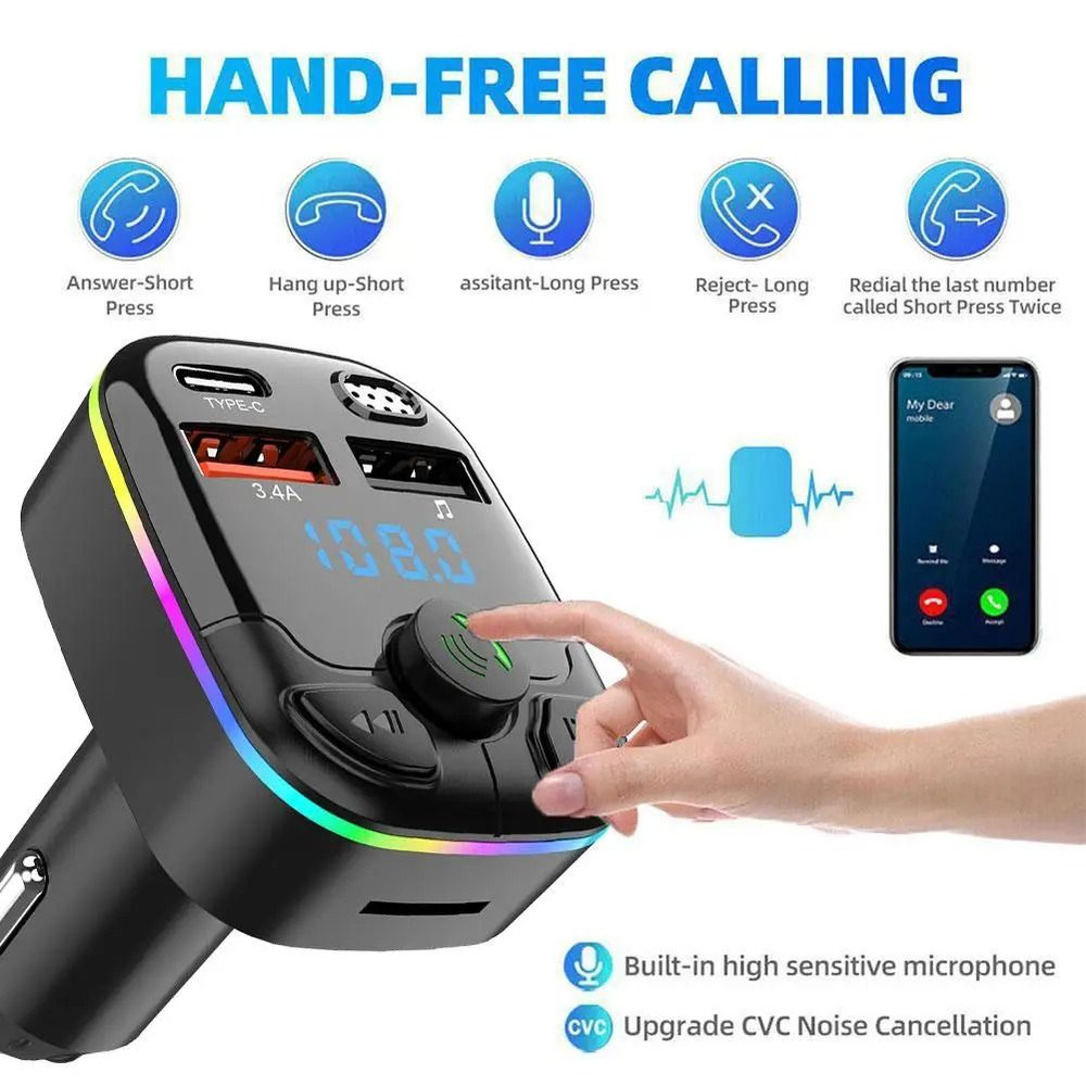 Bluetooth 50 Car FM Transmitter PD Type C Dual USB 18W Handsfree Charger 2