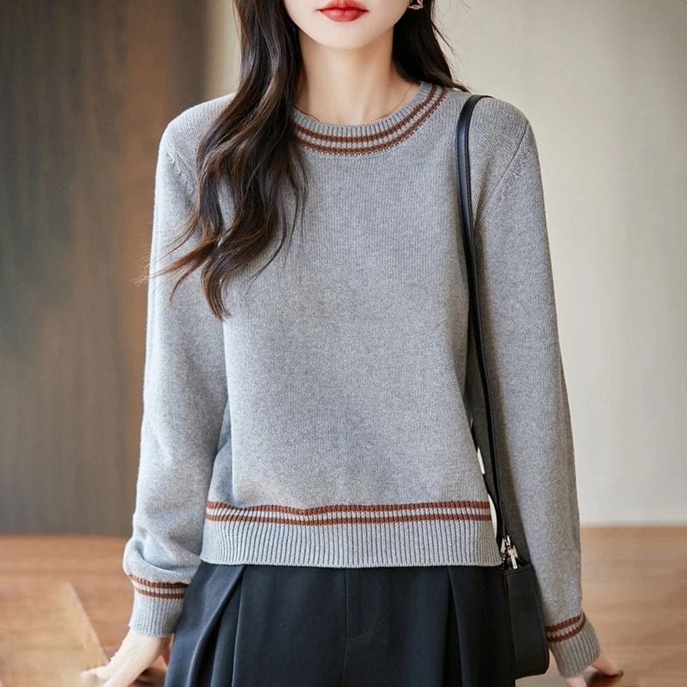 Autumn Winter Women Pure Cotton Knitted ONeck Pullover Sweater 3